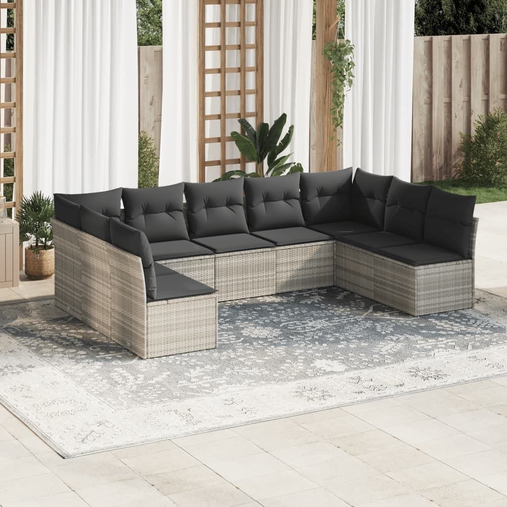 Industrie-Stil 9-tlg. Garten-Sofagarnitur Sofa Set mit Kissen Hellgrau Poly Rattan Terrassenmöbel2024 cloris