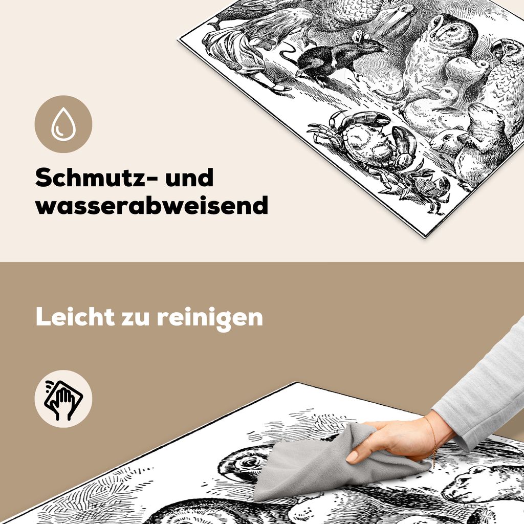 KitchenYeah Herdabdeckplatte Vintage-Illustration Maus zwischen Vögeln - schwarz und weiß , 70x52cm, Küche Deko, Glaskeramikkochfeld Herdabdec...