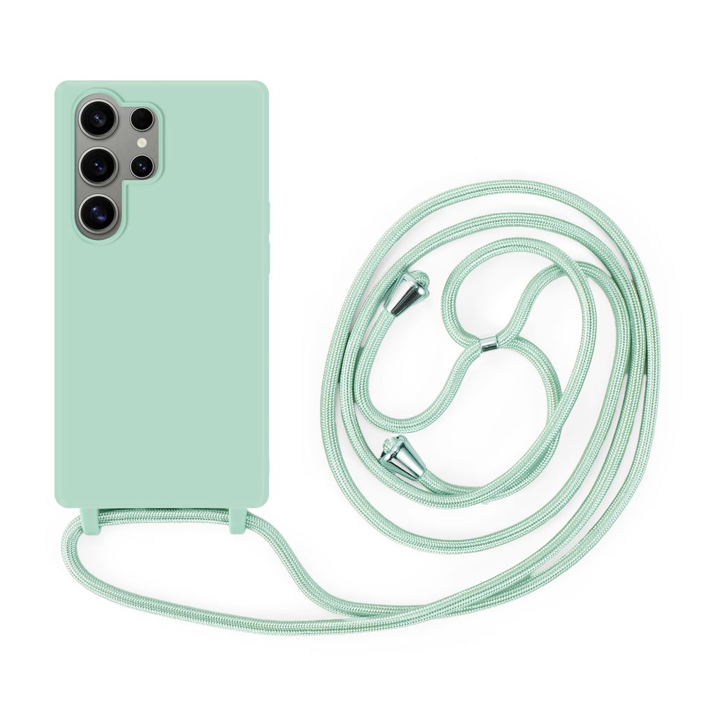 A mint green phone case with a lanyard is displayed against a white background.