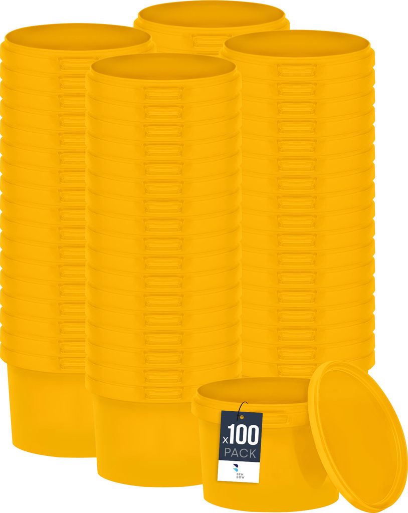 BenBow Eimer mit Deckel 0,5L x100 Gelb - lebensmittelecht, stabil, luftdicht, auslaufsicher, geruchsneutral - Plastikeimer mit Henkel - leer
