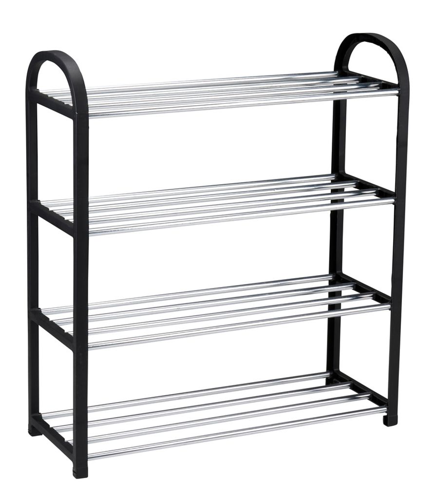 A four-tier shoe rack with black metal frame and silver metal shelves.