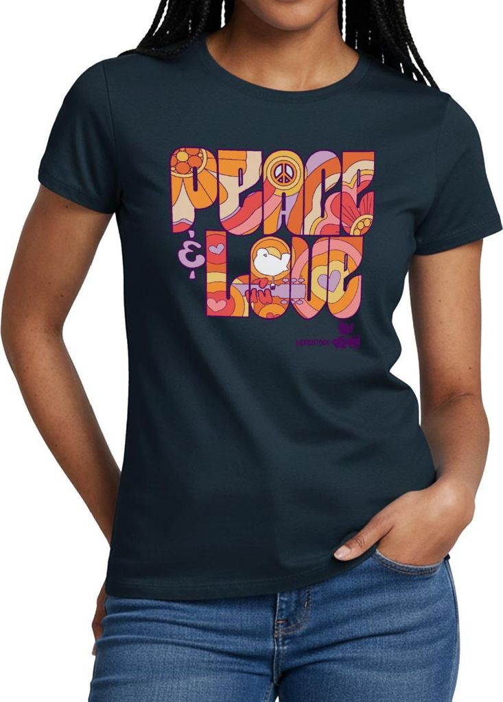 Spreadshirt Woodstock Peace Love Hippie Design Frauen T-Shirt, L, Navy