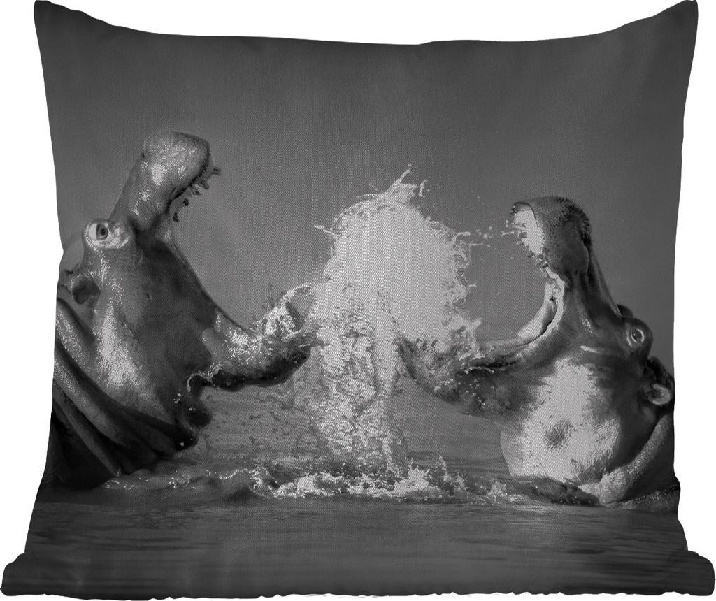 MuchoWow Outdoor Kissen - Tiere - Nilpferd - Wasser - Schwarz - Weiß - 40x40 cm - Wetterfest - Lounge Kissen - Kopfkissen - Interieur - Polster ...