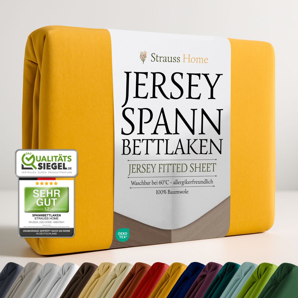 Strauss Home Jersey Spannbettlaken Spannbetttuch Bettlaken 100% Baumwolle 140x220-160x220 cm Übergrösse Wasserbett Boxspringbett (Senfgelb/Saf...