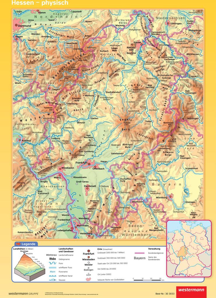 Posterkarten Geographie. Hessen: physisch / politisch