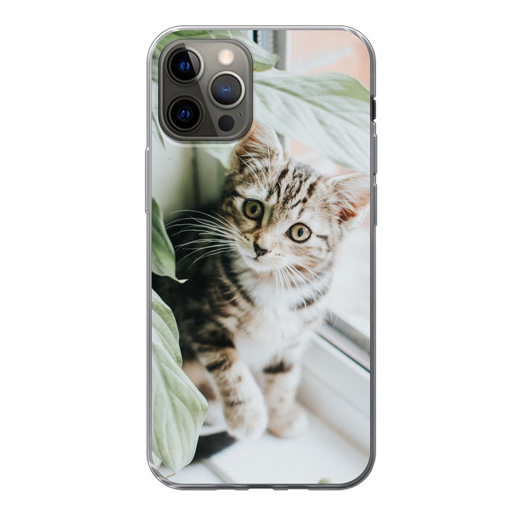 MuchoWow Handyhülle Schutzhülle Hülle für iPhone 12 Pro Katze - Kätzchen - Pflanzen Silikon Softcase Handy Hülle - Abdeckung