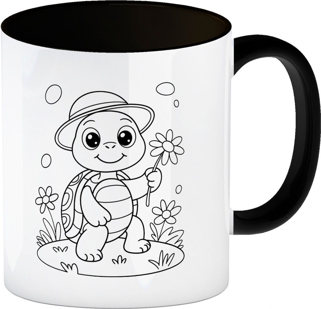 Schildkröte Blumen Kaffeebecher in schwarz zum Ausmalen