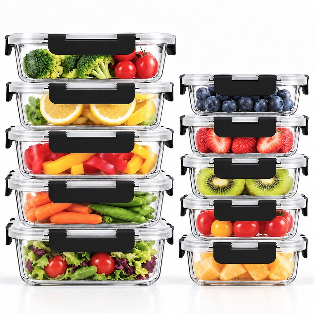 10-teiliges Glas-Frischhaltedosen-Set – Jede Dose mit einem Produktbild 