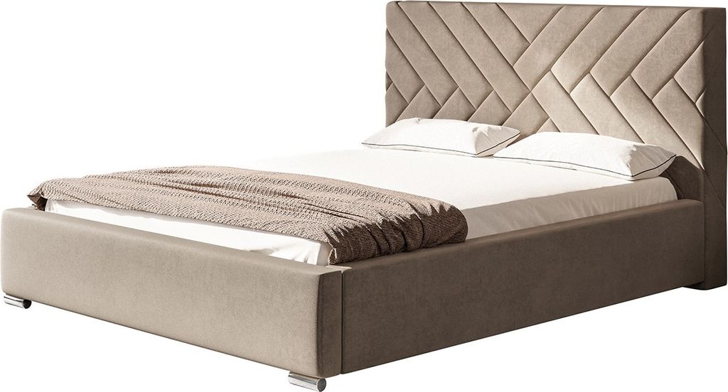 Polsterbett MONACO mit Kopfteil, 120x200 cm, Doppelbett mit Bettkasten und Lattenrost aus Holz, Velourstoff Sand