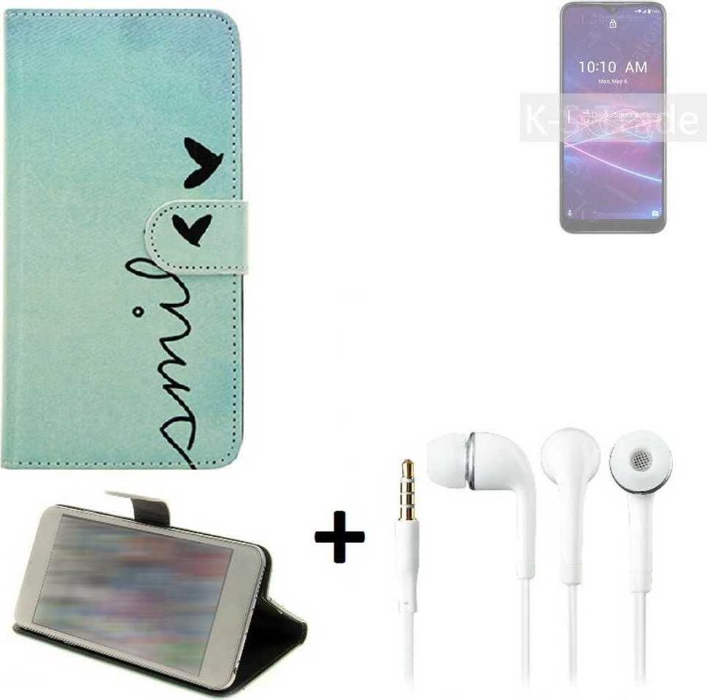 K-S-Trade Schutz Hülle Handy Hülle kompatibel mit Coolpad Legacy Brisa 360° Wallet Case Schutz Hülle ''smile'' inkl. Ohrstöpsel Smartphone cover