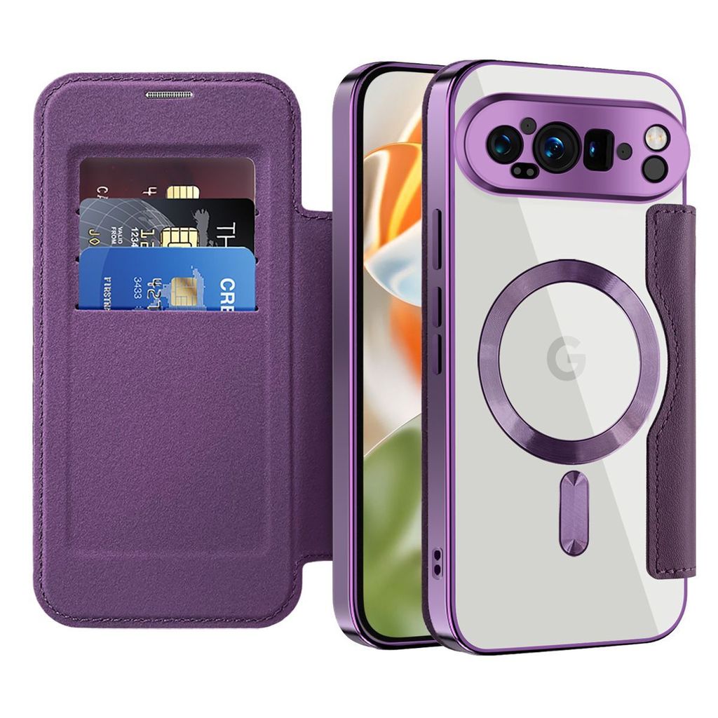Klapphülle für Google Pixel 9 Pro XL Kompatibel mit Magsafe, Klar Überzug Kartenhalter Ledertasche mit Kameraschutz Lila