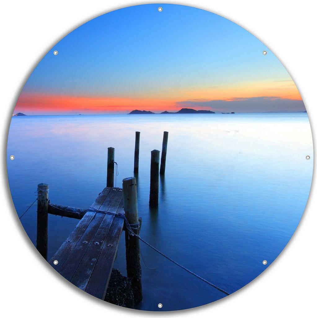 Wallario rundes Outdoor-Poster für Garten oder Balkon, Motiv Steg im Wasser - Abendstimmung am Meer, 60 cm Durchmesser