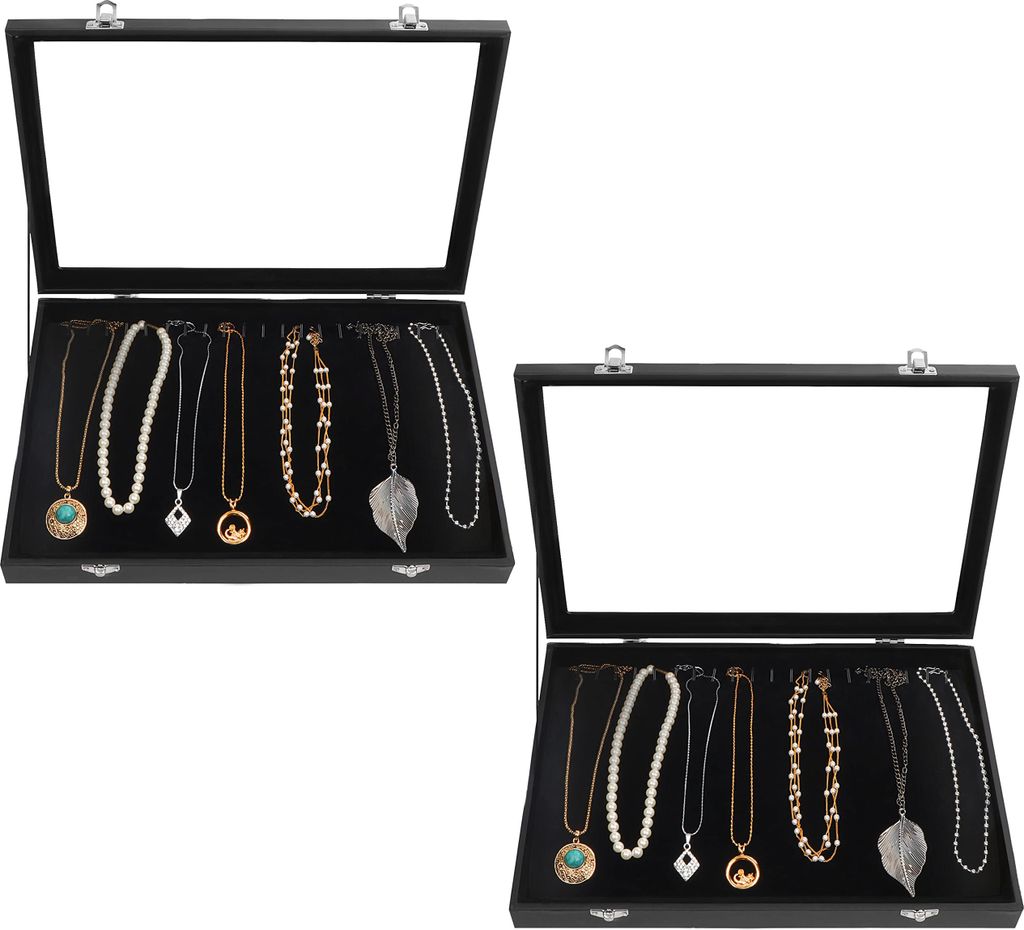 Kurtzy Jewelry Organizer Schmuckkasten Schwarz, Samt Box Glas Deckel Verschließbar & 20 Haken (2Stk) – Schmuckaufbewahrung Stapelbar Schmuckscha...