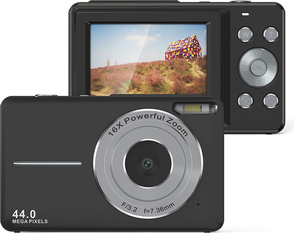 OKWISH kompakte Digitalkamera, 4K HD 1080P 44MP Fotokamera mit 32 GB SD-Karte, 16-fachem Digitalzoom, elektronischer Bildstabilisator, Schwarz