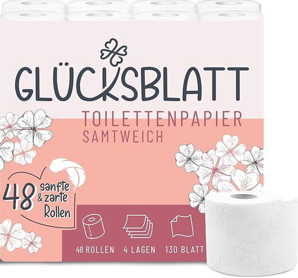 Glücksblatt Toilettenpapier SAMTWEICH, 4-lagig, 48 Rollen x 130 Blatt, 100% Zellstoff, superweiches Klopapier mit Glücks-Prägung