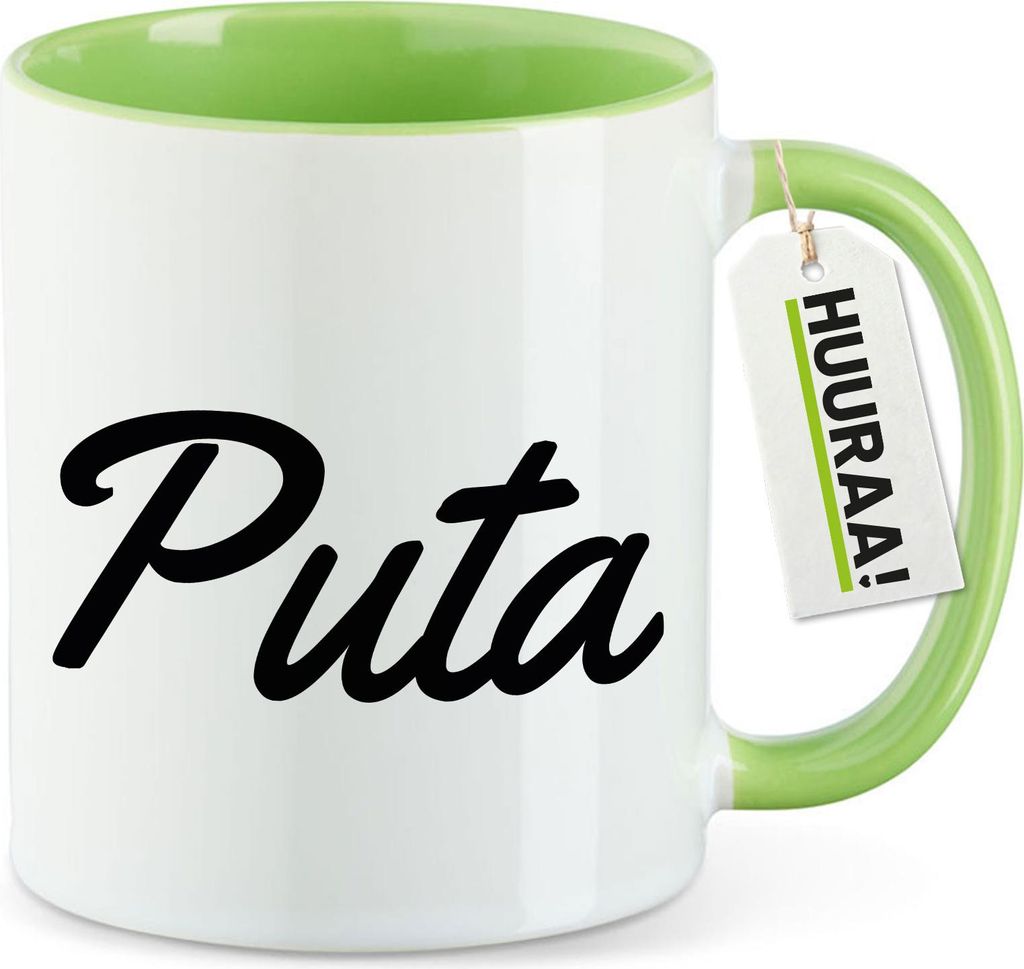 Huuraa Kaffeetasse Puta spanisch Schriftzug 330ml Grün Keramik Kaffeebecher Geschenkidee