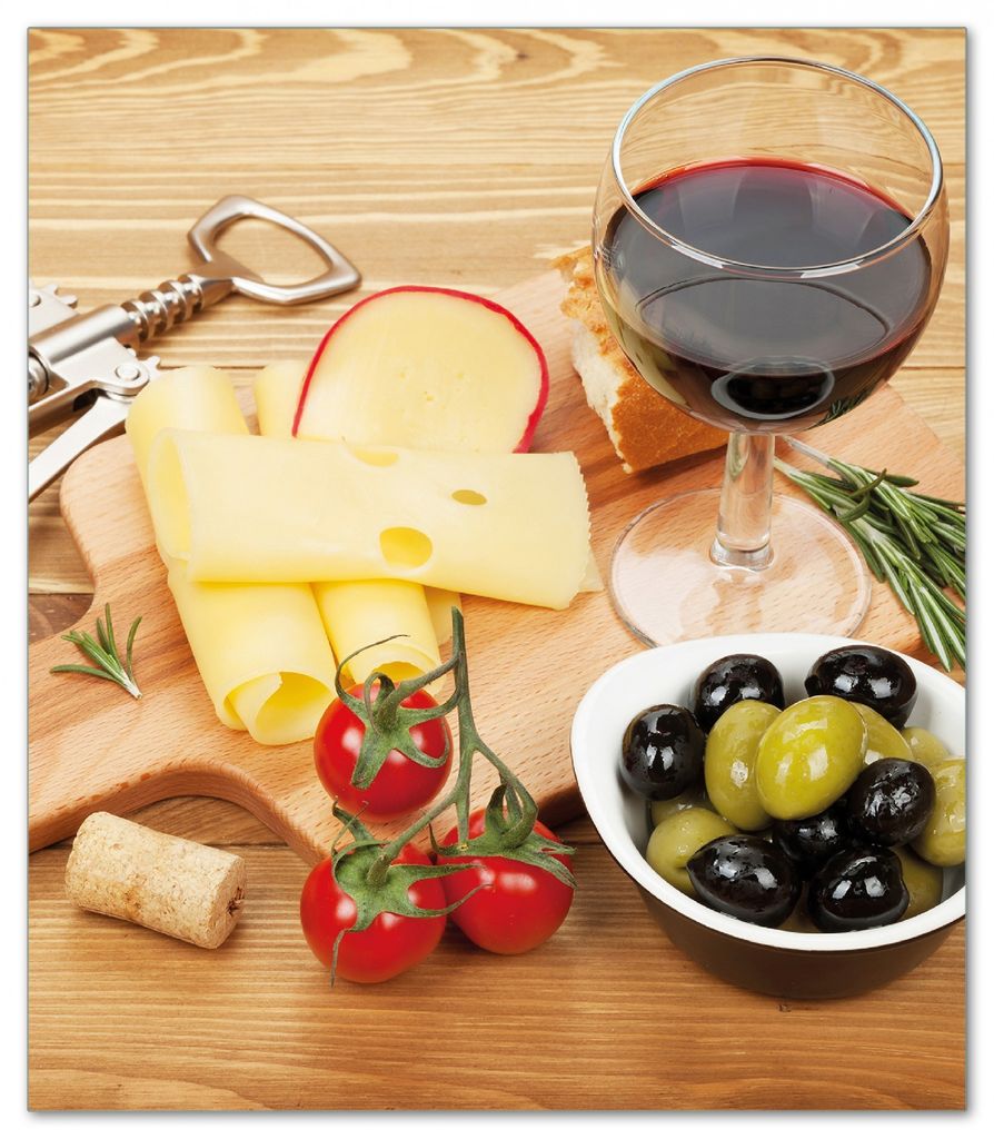 Wallario Herdabdeckplatte aus Glas, Größe 52 x 60 cm 1-teilig, Motiv Genuss am Abend - Rotwein, Käseplatte, Oliven und Tomaten
