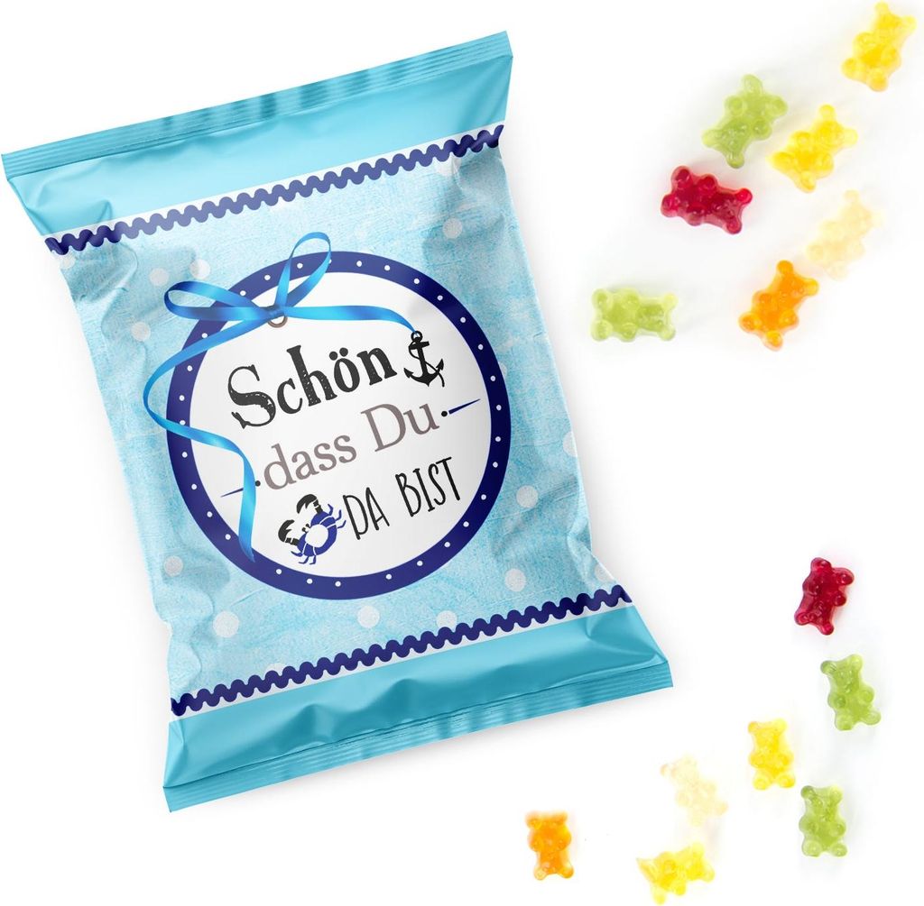 10 Stück kleine Päckchen Gummibärchen give-away - Geschenk SCHÖN DASS DU DA BIST ANKER blau türkis WEISS Gastgeschenke Mitgebsel Hochzeit Gebu...