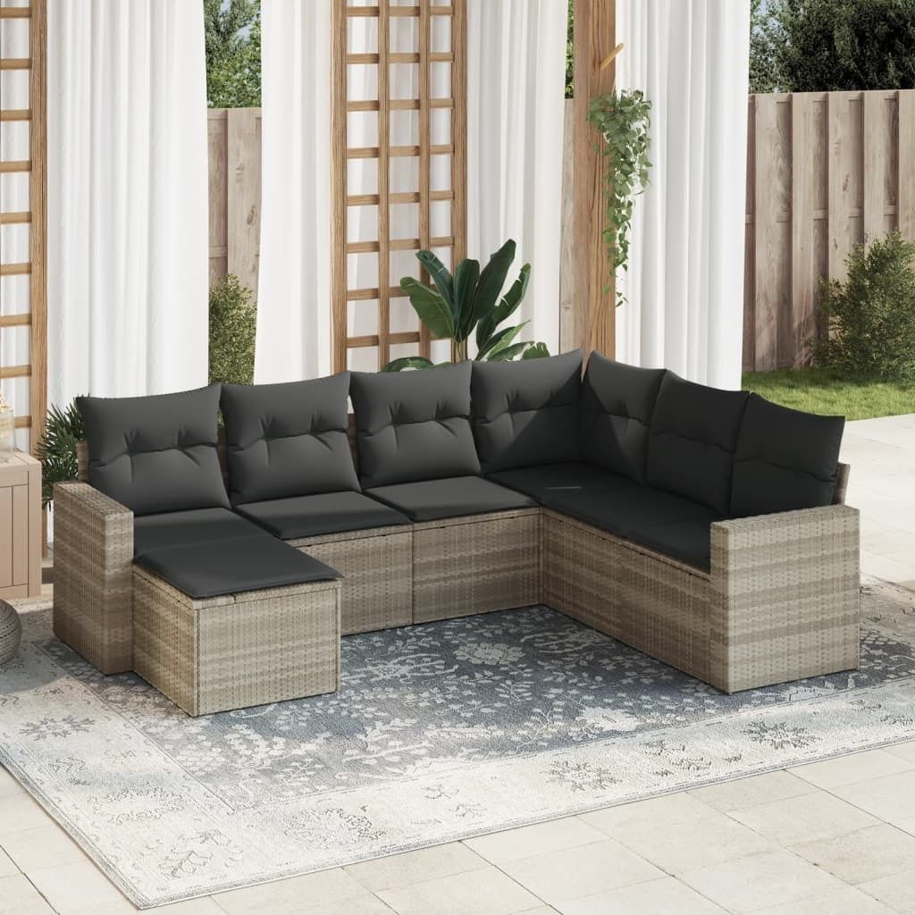 Industrie-Stil 7-tlg. Garten-Sofagarnitur Sofa Set mit Kissen Hellgrau Poly Rattan Terrassenmöbel2024 cloris