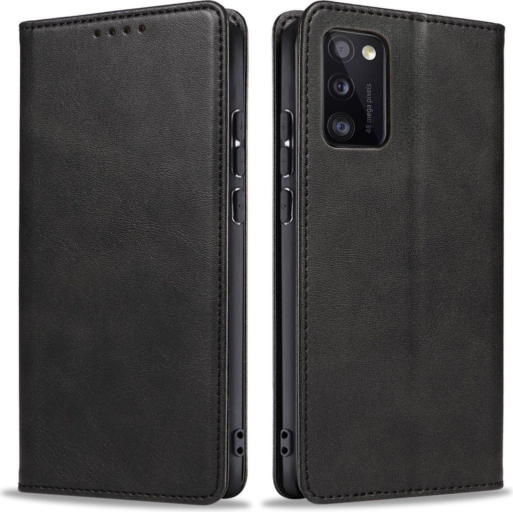 A black leather flip case for a Samsung Galaxy A41 phone is shown from two angles.