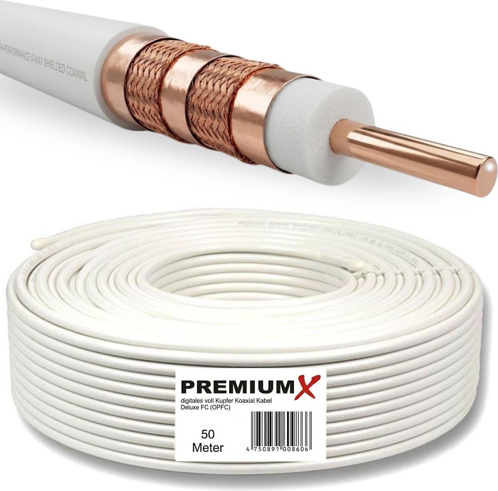 PremiumX Deluxe PRO Vollkupfer Koaxial Kabel 135dB 5-Fach geschirmt 50 Meter SAT Antennenkabel CU Kupfer