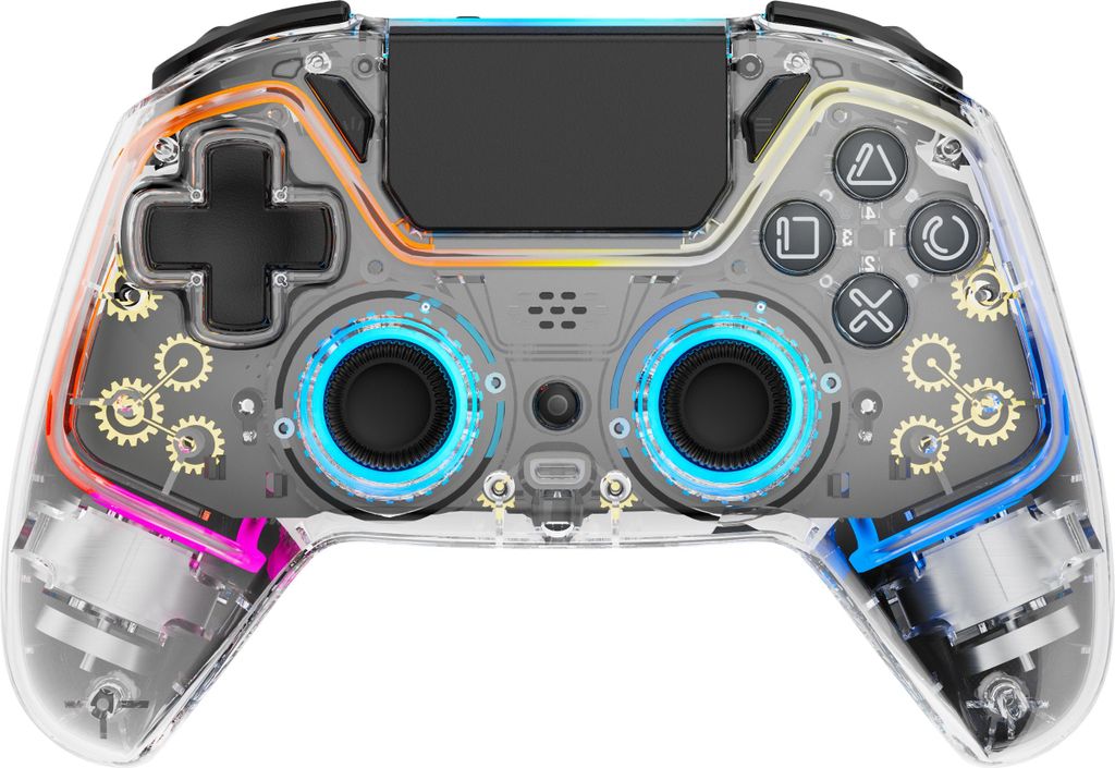 A transparent game controller with visible internal components and LED lighting.