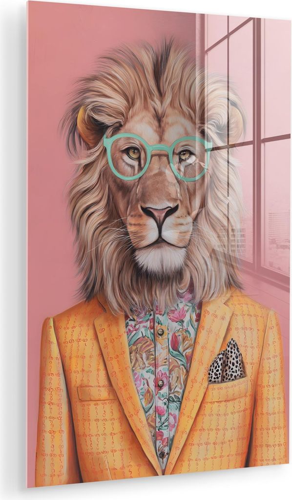 MuchoWow Glasbilder - Bilder auf Wandbild - Foto auf Glas Löwe - Anzug - Kariert - Brille 60x90 cm Wanddekoration aus Glas - Acrylglasbild - Acryl...