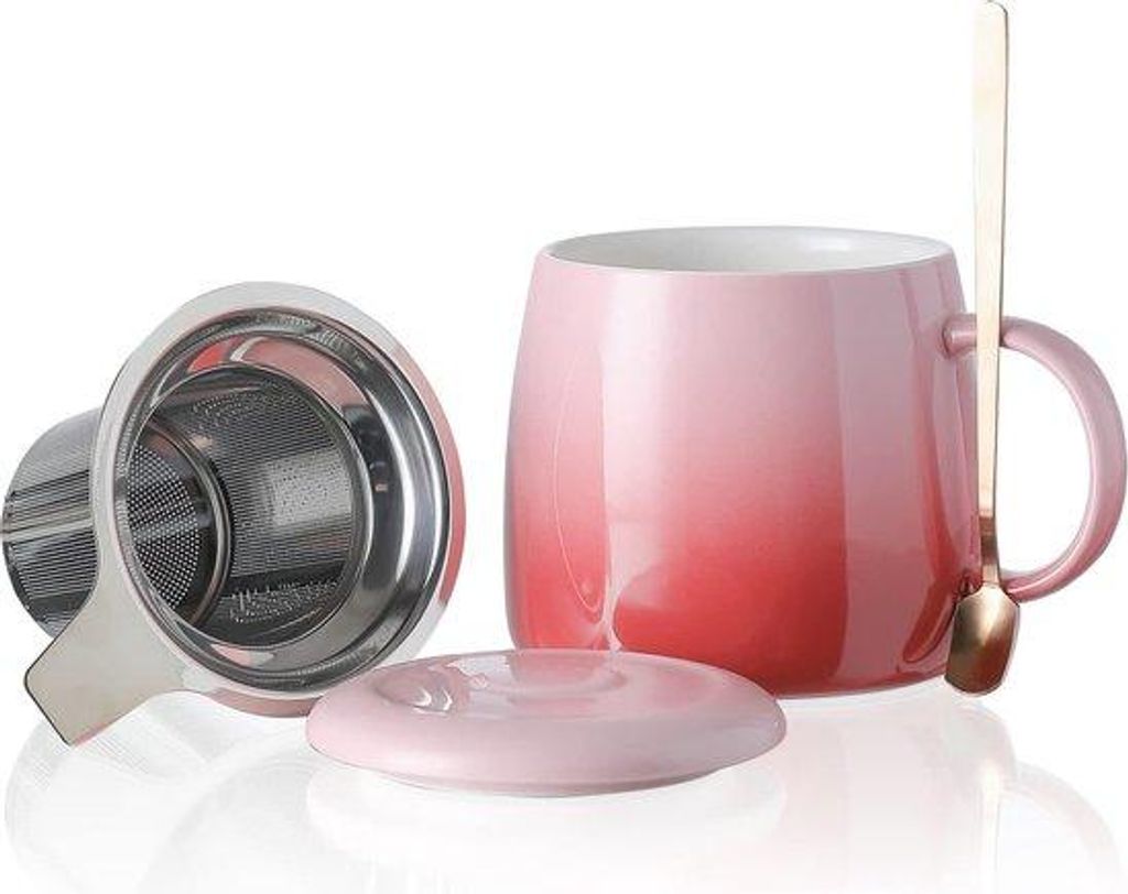 Keramische Theemok mit Sieb, Deckel und Löffel, 450 ml, großes Kaffeetassen-Set für Tee, Kaffee, Milch, Magnetron- und Geschirrspülerbeständig...