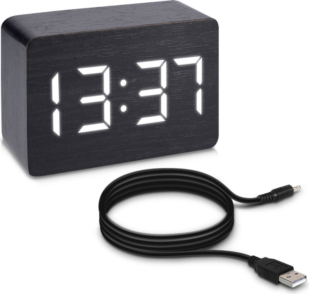 kwmobile Wecker Uhr in Holzoptik digital - Digitalwecker Anzeige von Uhrzeit Temperatur Datum - Alarm Clock mit USB Kabel in Schwarz mit weißen LEDs