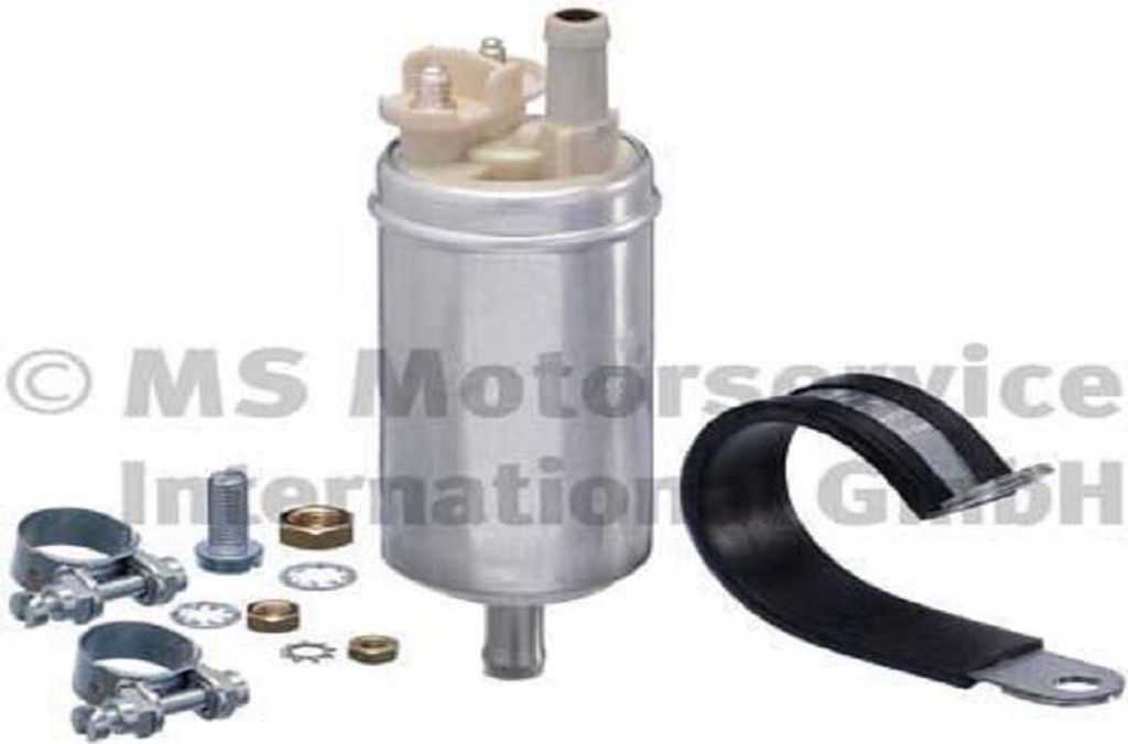 A fuel pump and its accessories are displayed against a white background.