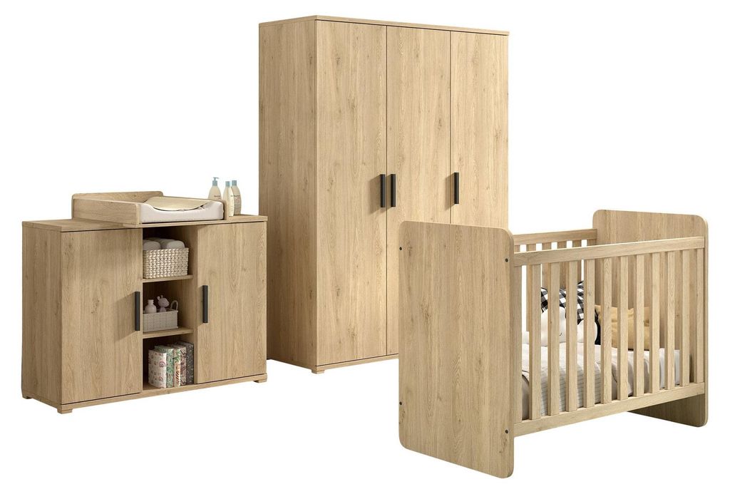 Babyzimmer Set Keelia Eiche mit Bett Schrank Wickelaufsatz