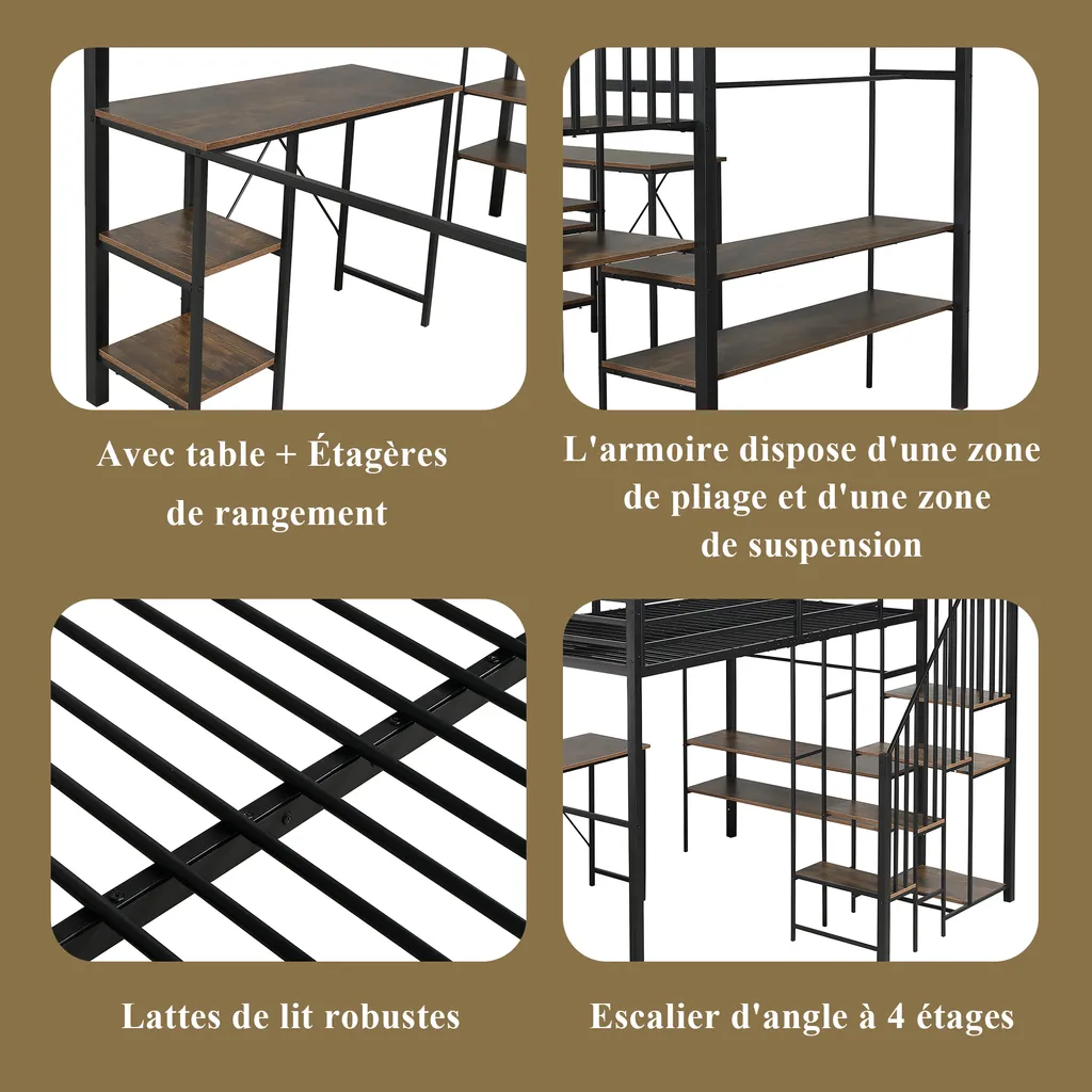Lit superposé 120x200 robuste : la solution bureau et rangement incluse - 6