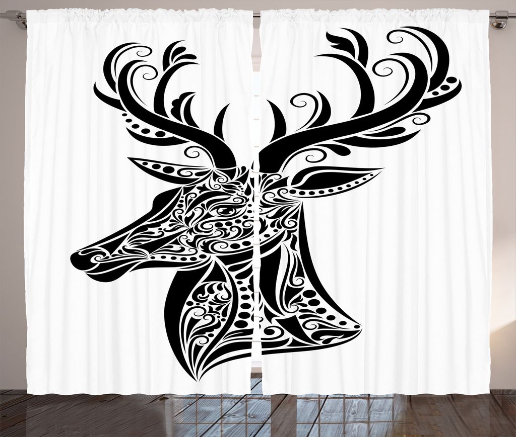 ABAKUHAUS Geweih Rustikaler Gardine, Deer Tier Tattoo, Schlafzimmer Kräuselband Vorhang mit Schlaufen und Haken, 280 x 175 cm, Weiß Schwarz