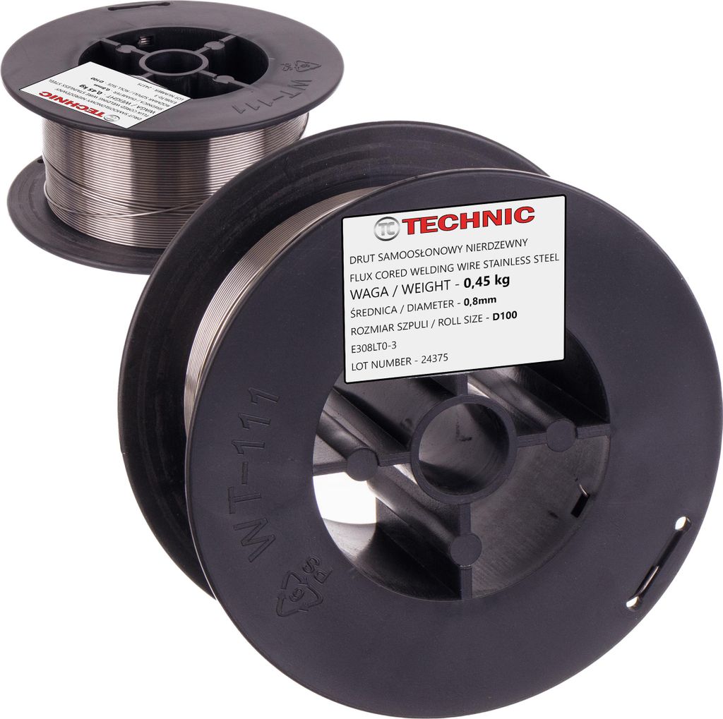Two spools of flux-cored welding wire are shown, with one in the foreground and another in the background.