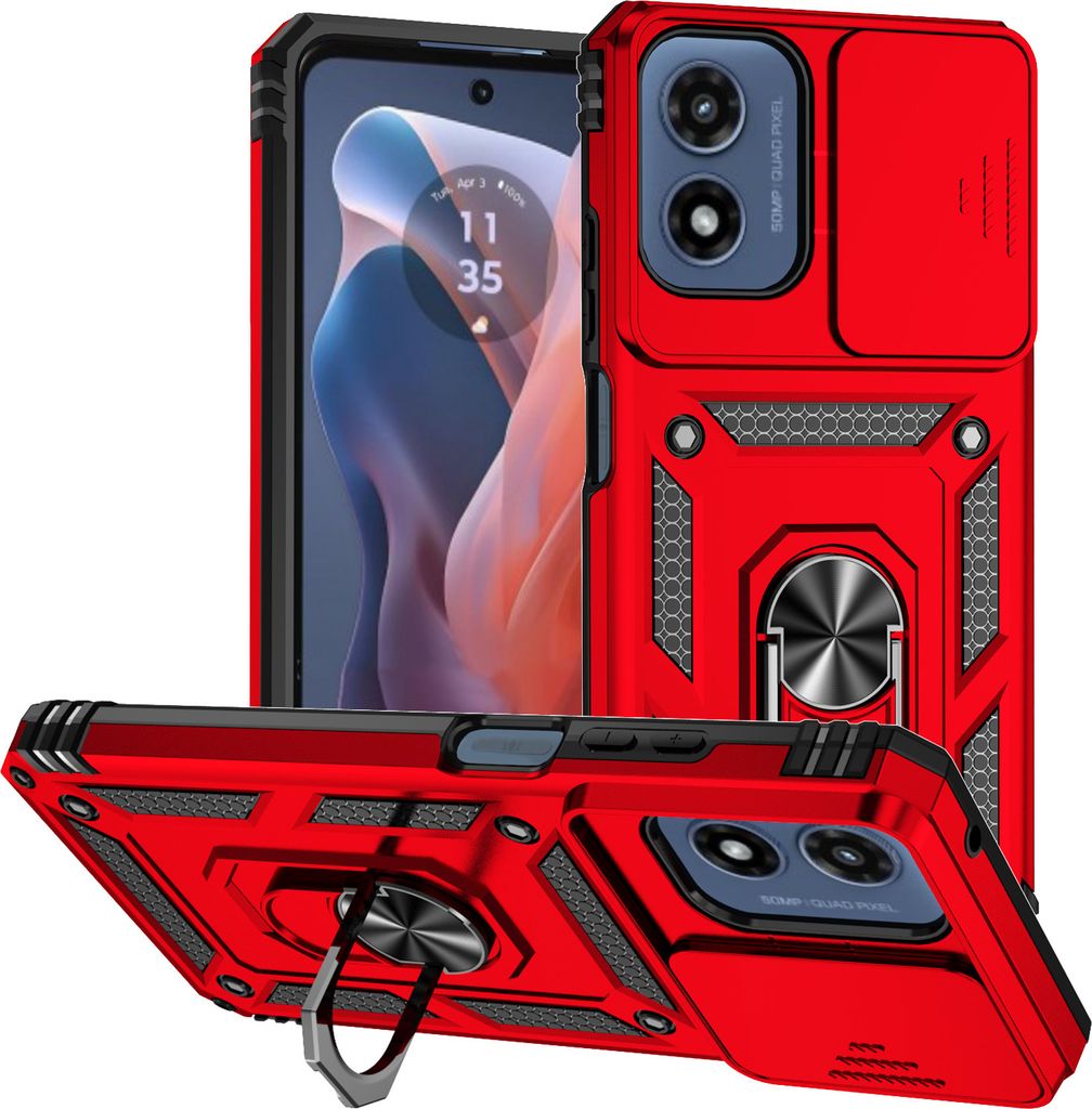 Hülle für Motorola Moto G Play (2024)/Moto G22 4G mit Schiebe Kamera Schutz und Ringhalter Ständer Hybrid Schutzhülle Rot