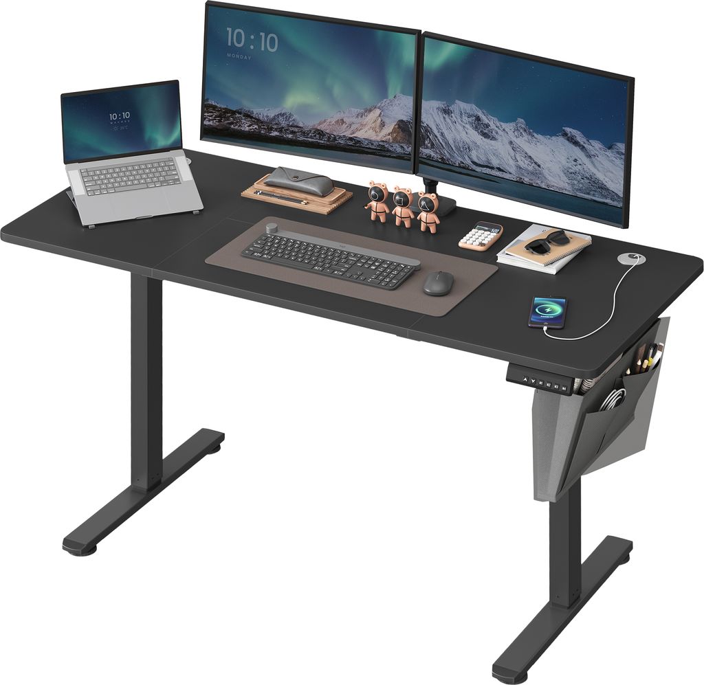 A black adjustable standing desk with two monitors, a laptop, keyboard, mouse, and accessories.