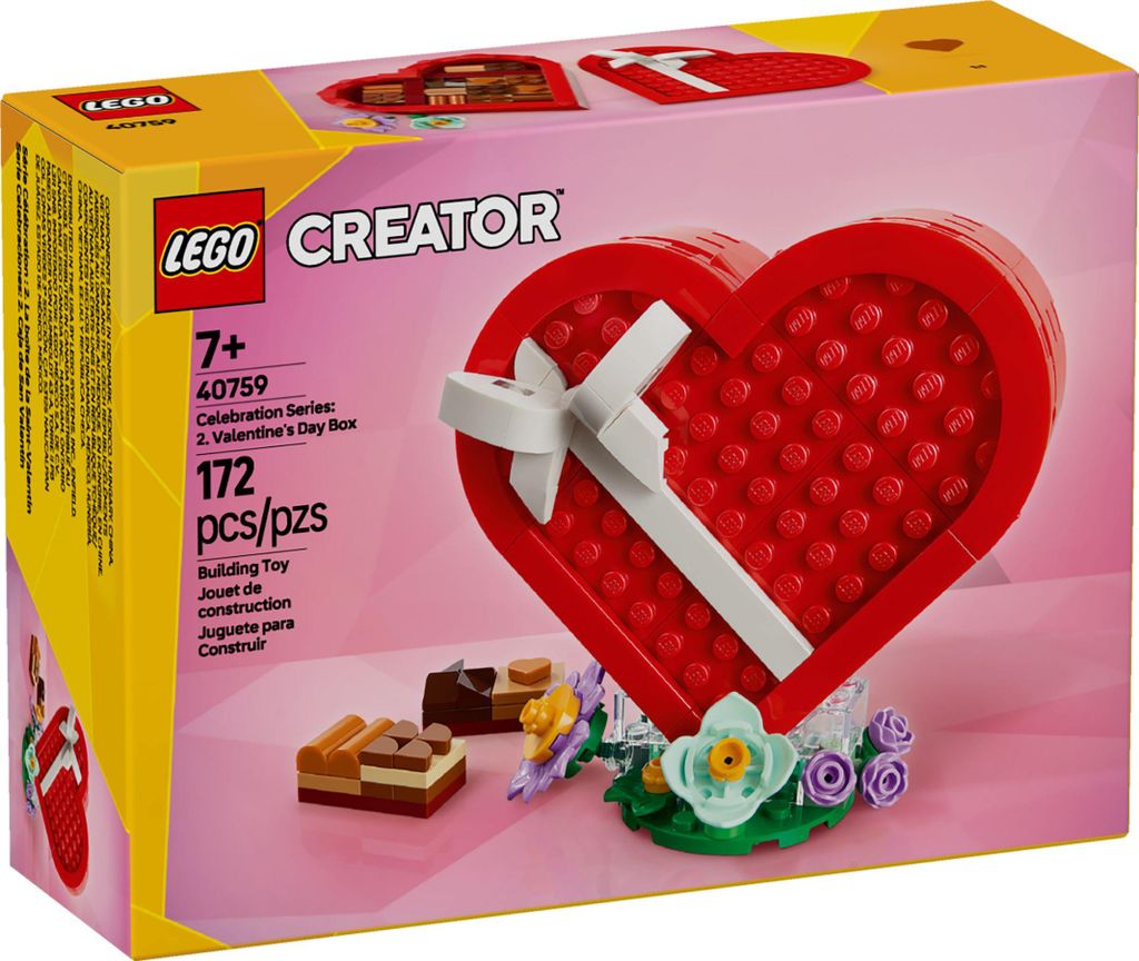 The image shows the packaging of a LEGO Creator Valentine's Day gift box set.