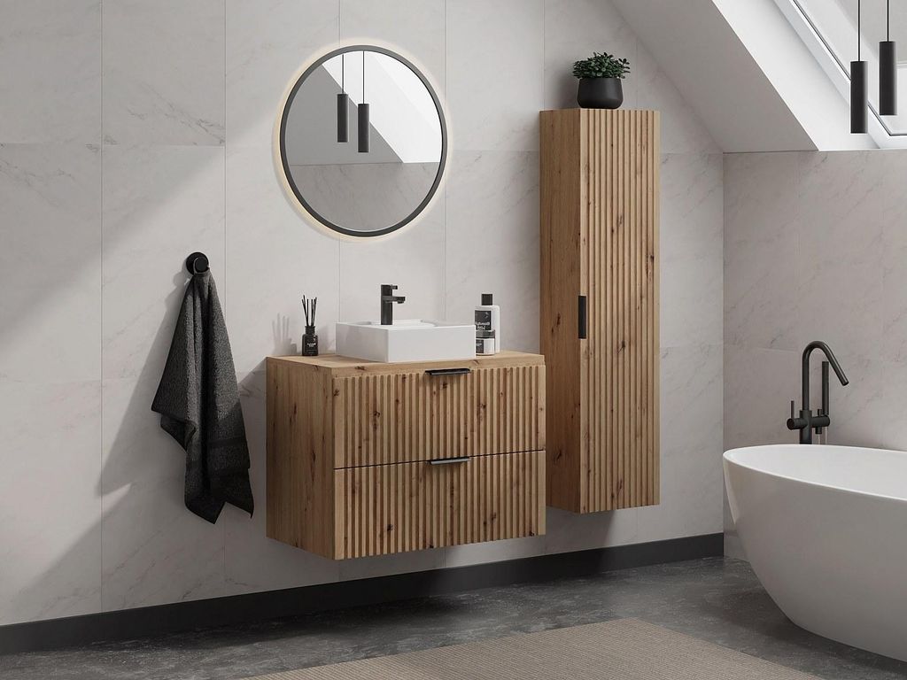 Rillenförmiger Bad-Hängeschrank mit Aufsatzwaschbecken - Natürliches Licht - 80 cm - ZEVARA