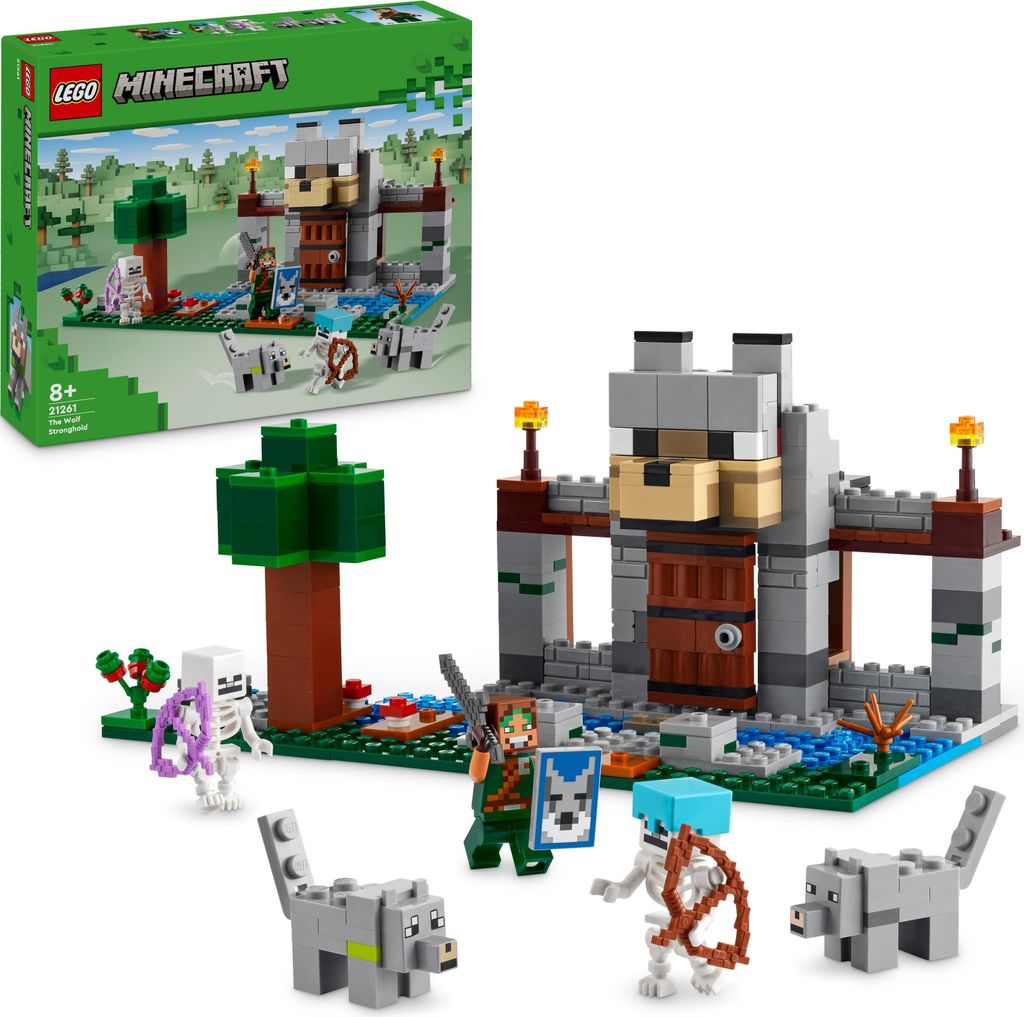 A LEGO Minecraft set is displayed, showing both the product box and the assembled toy.