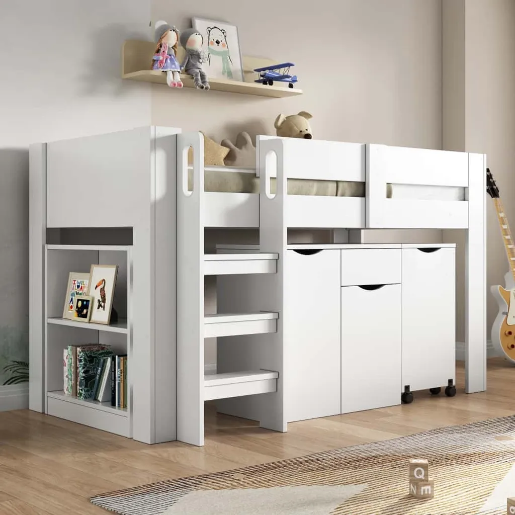 AIORBER Lit superposé 90x200 avec bureau et armoire en MDF blanc - 8