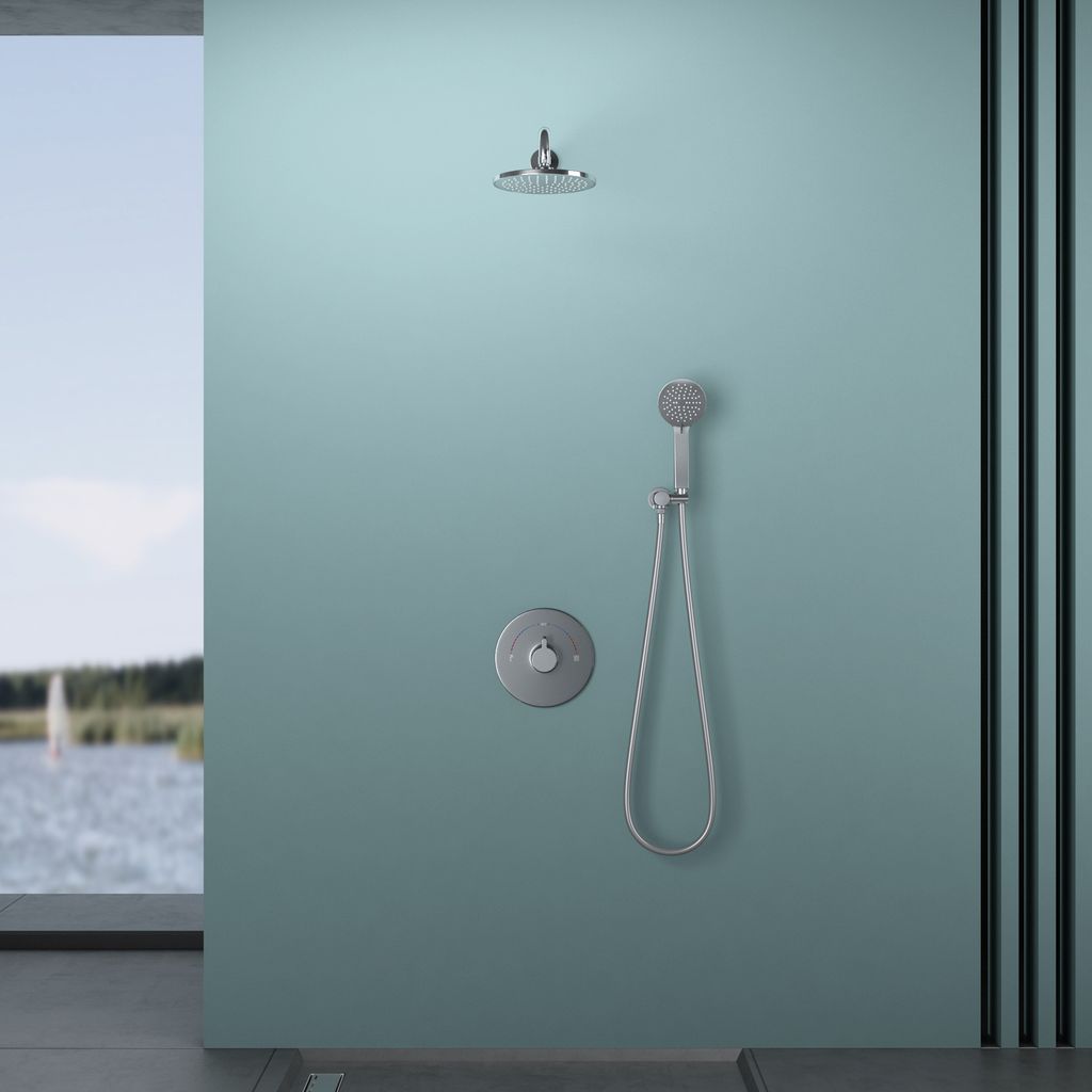 doporro Design Unterputz-Duschsystem Duschset hochglänzend verchromt 200mm runder Regen-Duschkopf mit wassersparender Kopfbrause und Duscharmatur