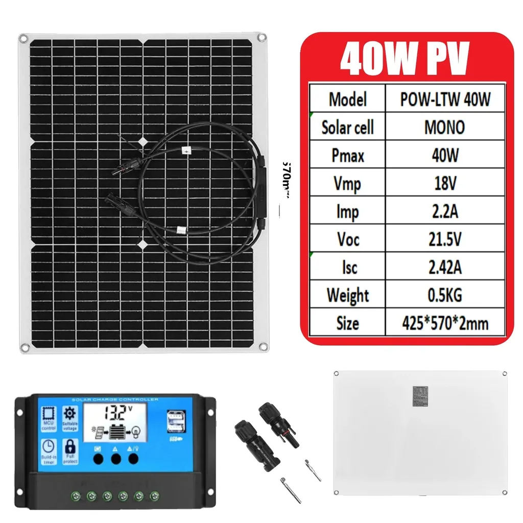 Pannello Solare 40W Flessibile Sottile | Kit 10A Impermeabile Universale