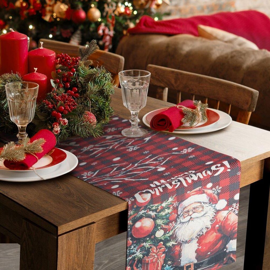 Runner Da Tavola Natalizio Con Babbo Natale - 33x180 Cm - Perfetto Per La Tavola Delle Feste