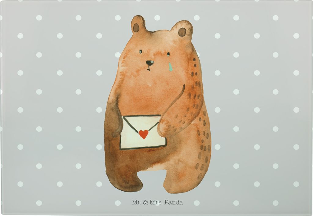 Mr. & Mrs. Panda Schneidebrett Bär Liebesbrief - Grau Pastell - Geschenk, Partner, Vermissen, Sehnsucht, Brotzeitplatte, Teddy, Frühstücksbrett,...