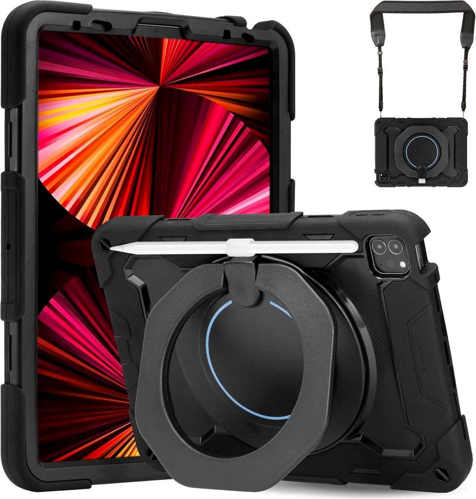 Conie Tablet Umhänge Tasche für iPad Pro 11 2018 / 2020 / 2021 Hybrid Case stabile Schutz Hülle PEN Halter Kantenschutz Aufstellfunktion in Schwarz