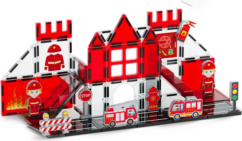 Jeu de Construction Magnétique Thème Pompier 48 Pièces pour Enfants