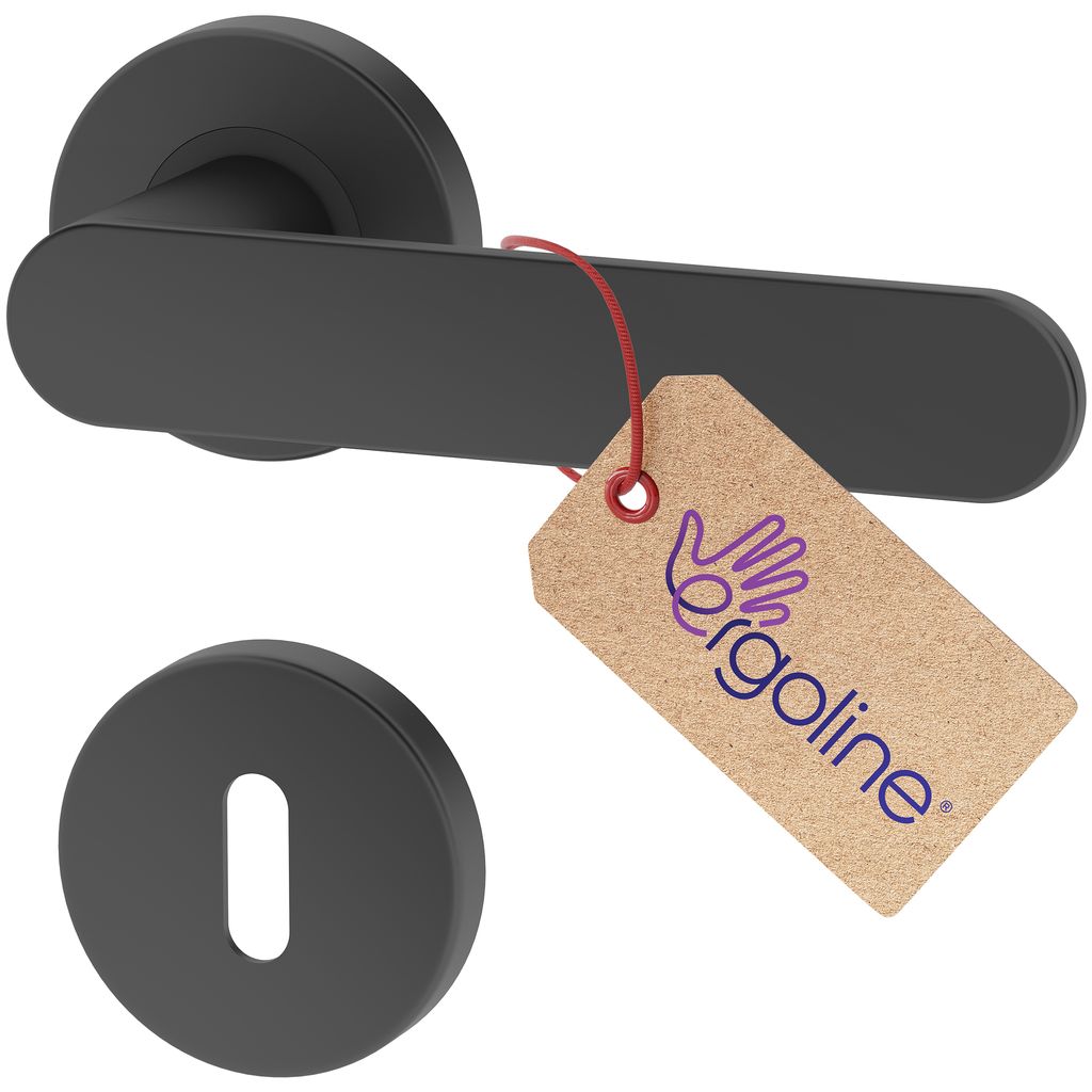 A black door handle set with a keyhole escutcheon, and a tag attached to the handle.