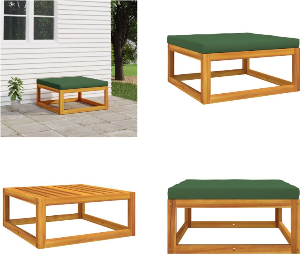vidaXL Gartenhocker mit Grünem Kissen Massivholz Akazie - Gartenhocker - Fußschemel - Schemel - Fußhocker