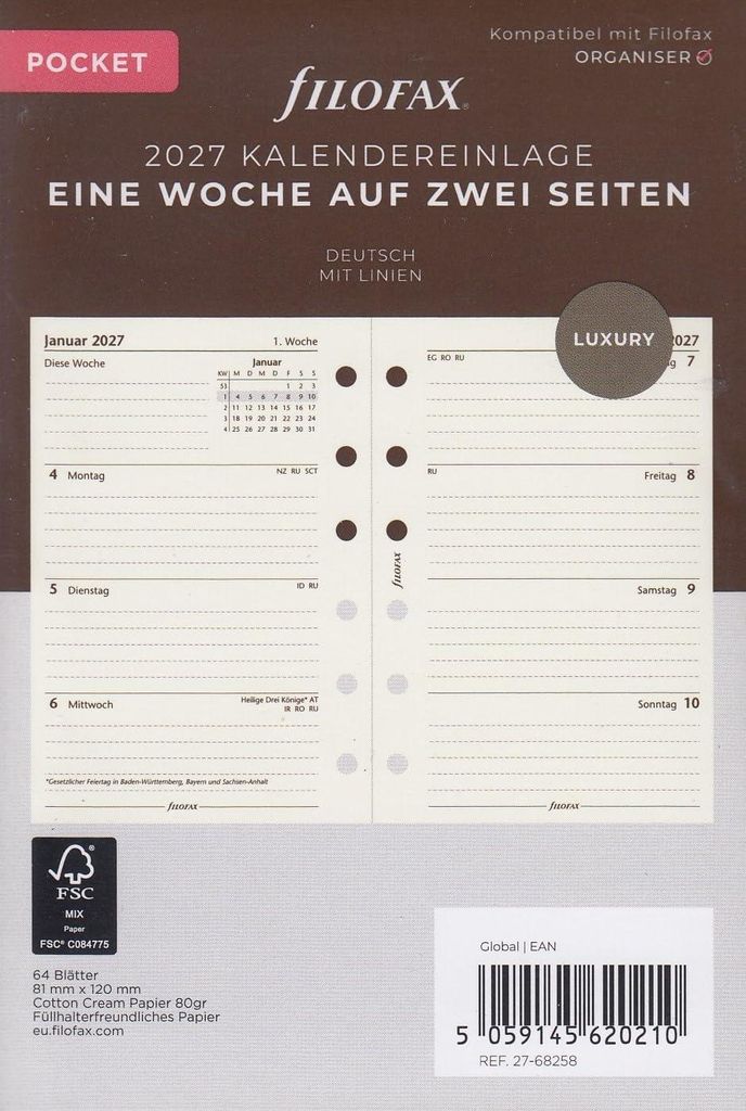 Ricarica per agenda FILOFAX 2027 - POCKET - 1 settimana = 2 Immagine del prodotto 