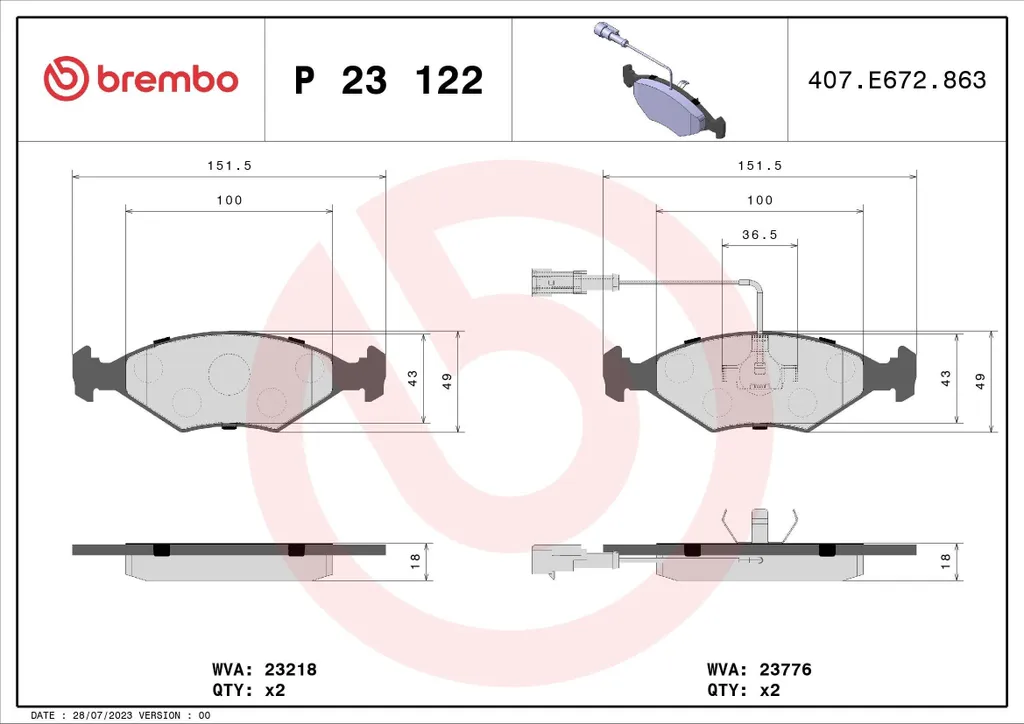 Plaquettes de frein Brembo P 23 122 OE 71770024 pour Palio et Siena